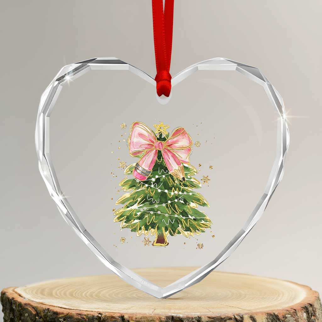 Coquette Bow Christmas Heart Crystal Glass Ornament Cute Teacher Xmas Tree Pink TS10 Transparent Glass 3'' Heart Print Your Wear
