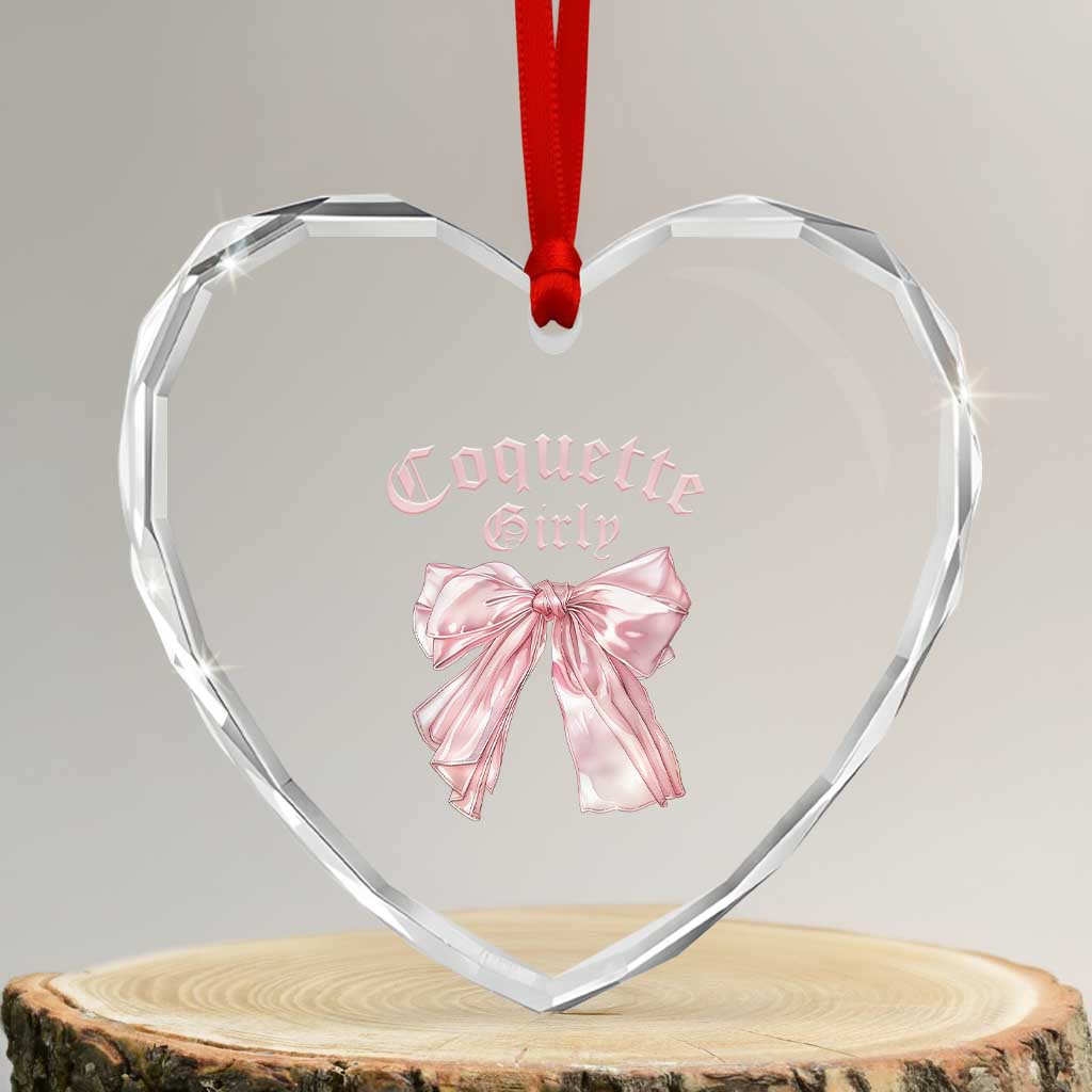 Coquette Girly Heart Crystal Glass Ornament Pink Bow TS02 Transparent Glass 3'' Heart Print Your Wear
