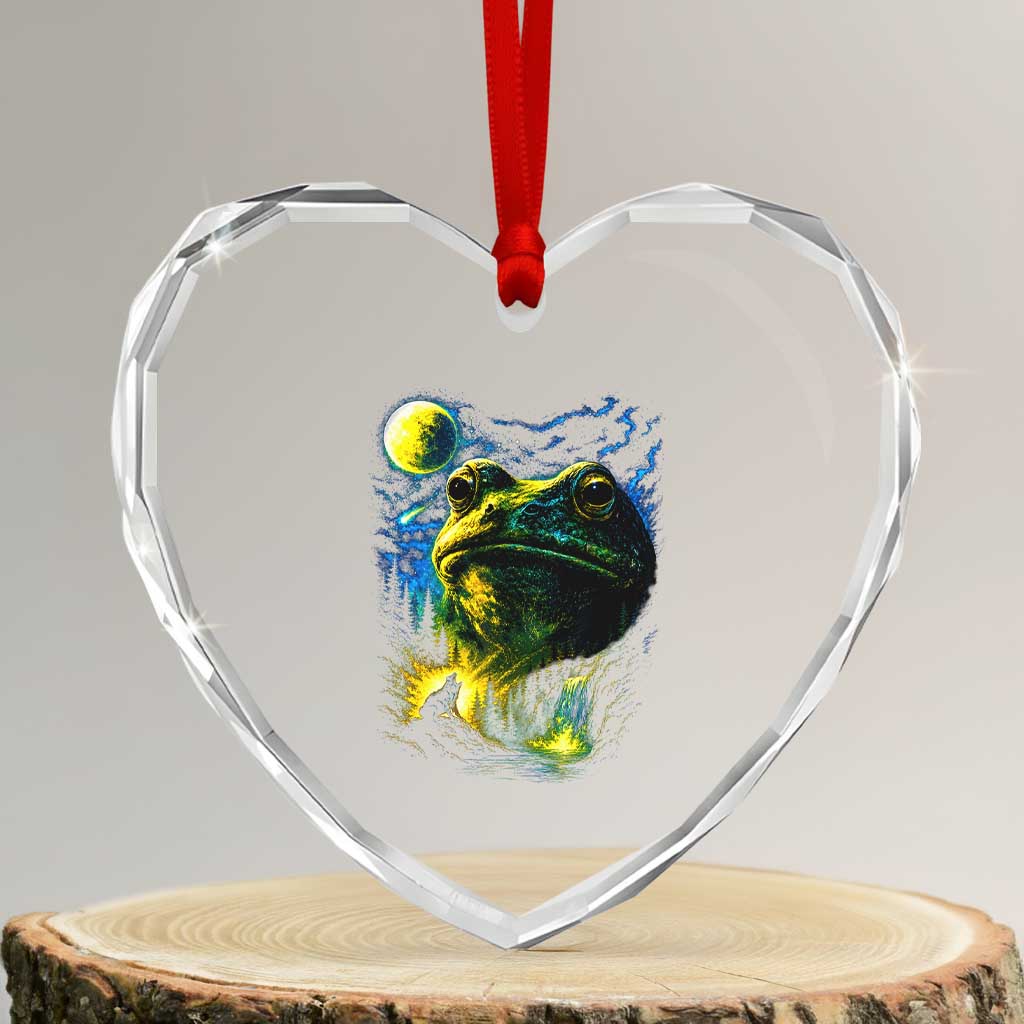 Cosmic Frog Howling At Moon Parody Graphic Heart Crystal Glass Ornament Vintage 90s Retro Fantasy Meme TS02 Transparent Glass 3'' Heart Print Your Wear