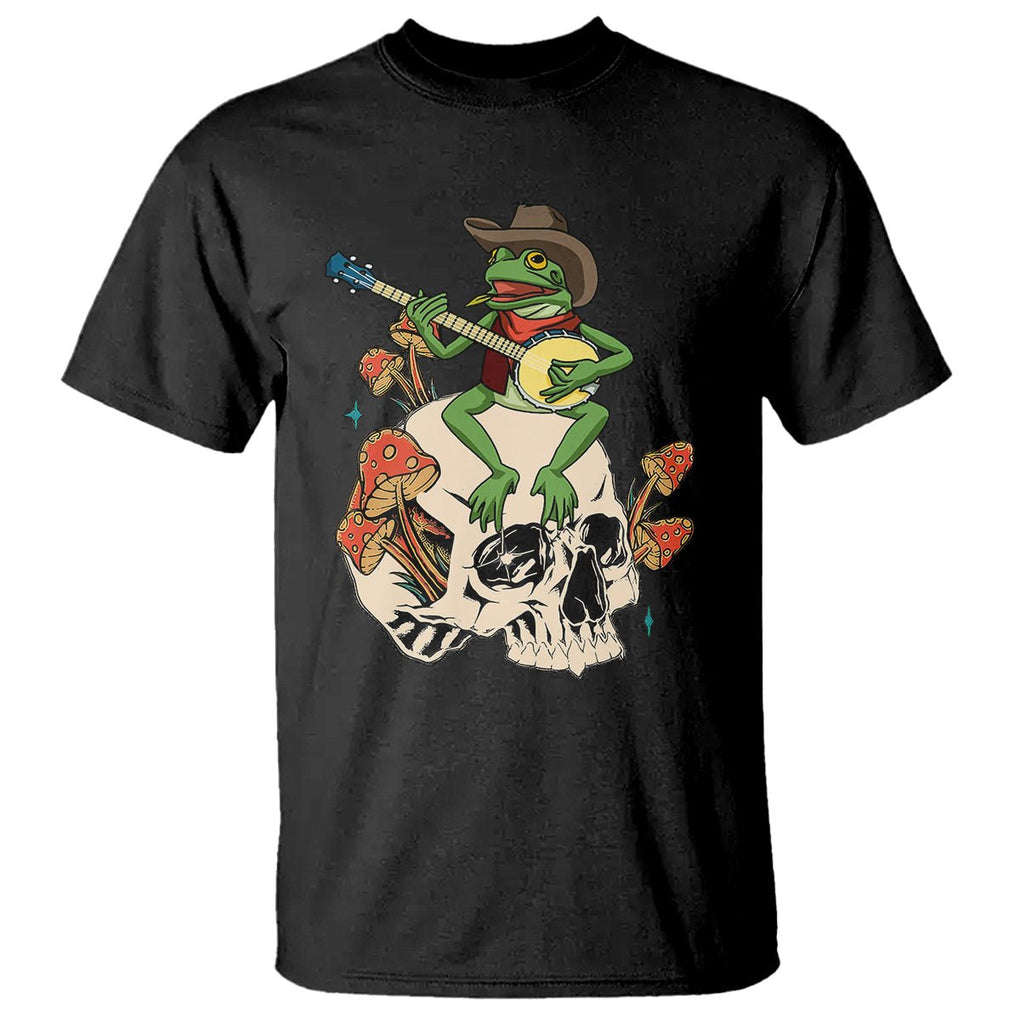 Cottagecore Aesthetic Frog Playing Banjo on Mushroom Cute T Shirt TS09 Black Printyourwear