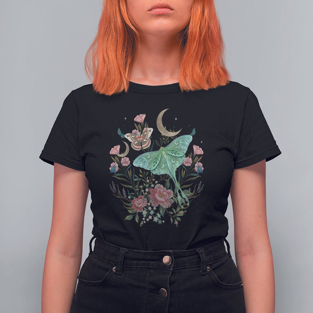 Cottagecore Dark Academia Luna Moth Floral Cecropia Moth T Shirt For Women TS02 Black Printyourwear