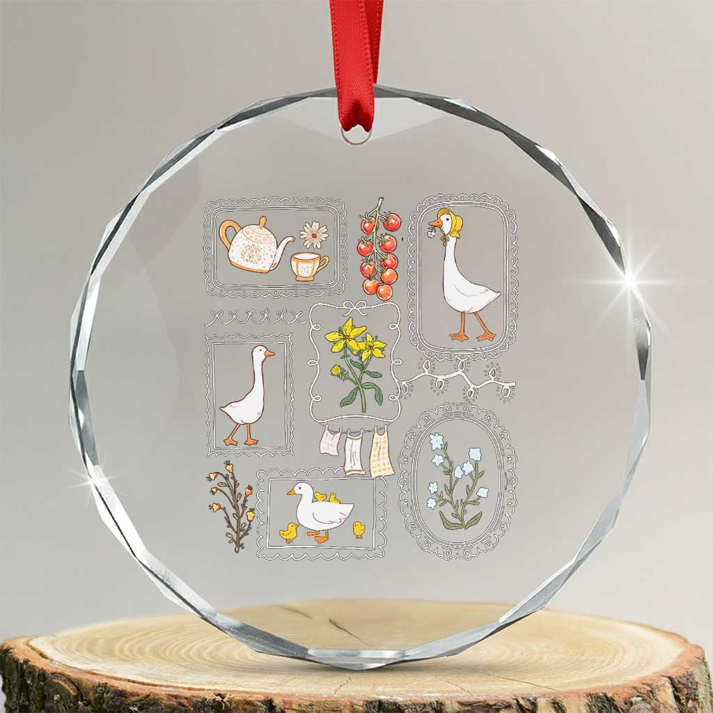 Cottagecore Farm Duck Crystal Glass Ornament Floral Wildflower Garden Graphic TS12 Transparent Glass 3'' Circle Print Your Wear
