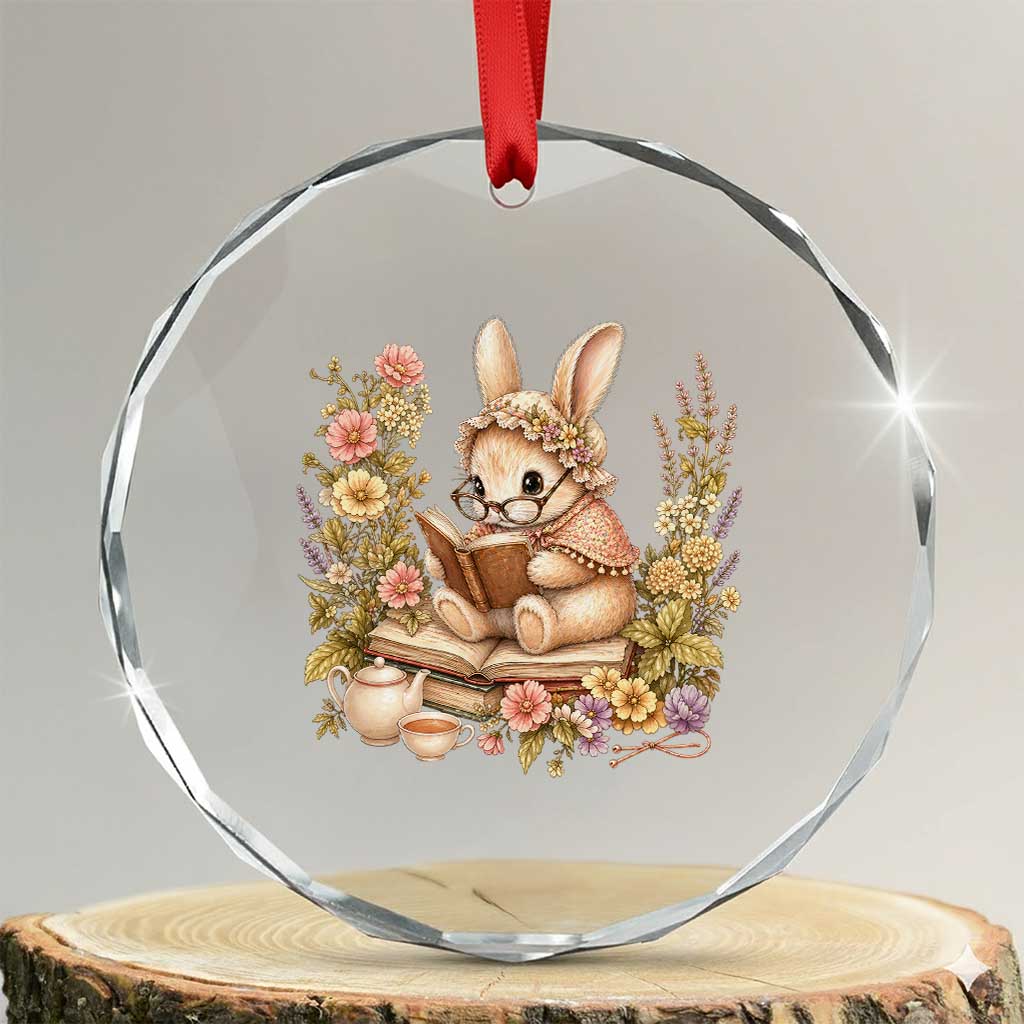 Cottagecore Rabbit Reading Book Crystal Glass Ornament Aesthetic Grandmacore Gift TS12 Transparent Glass 3'' Circle Print Your Wear