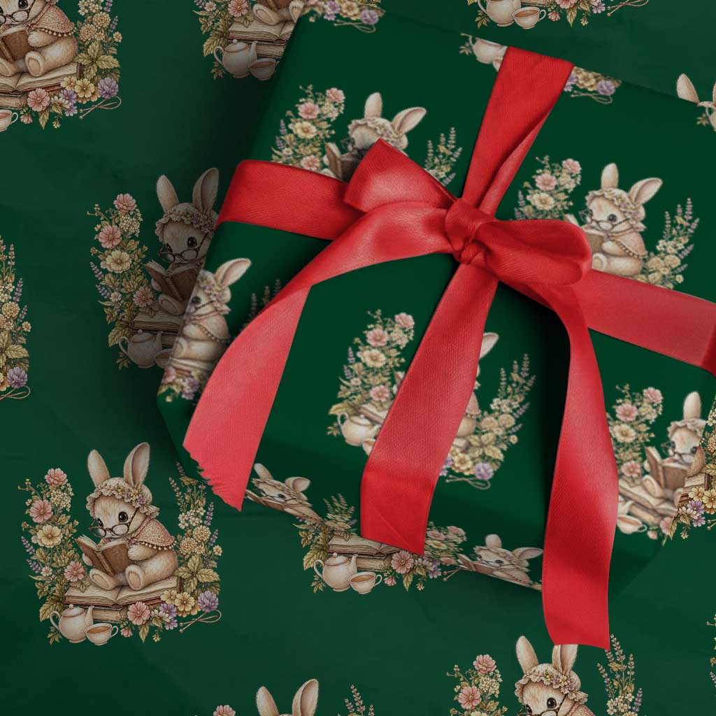 Cottagecore Rabbit Reading Book Wrapping Paper Roll Aesthetic Grandmacore Gift TS12 Green Print Your Wear