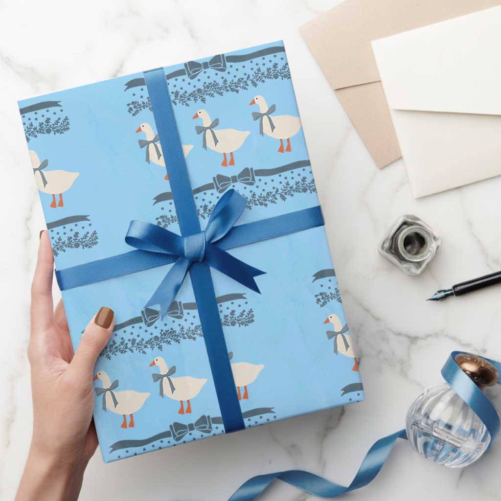 Country Goose 80s Wrapping Paper Roll 1980s Geese Blue Bowed Mama Goose TS02 Light Blue Print Your Wear