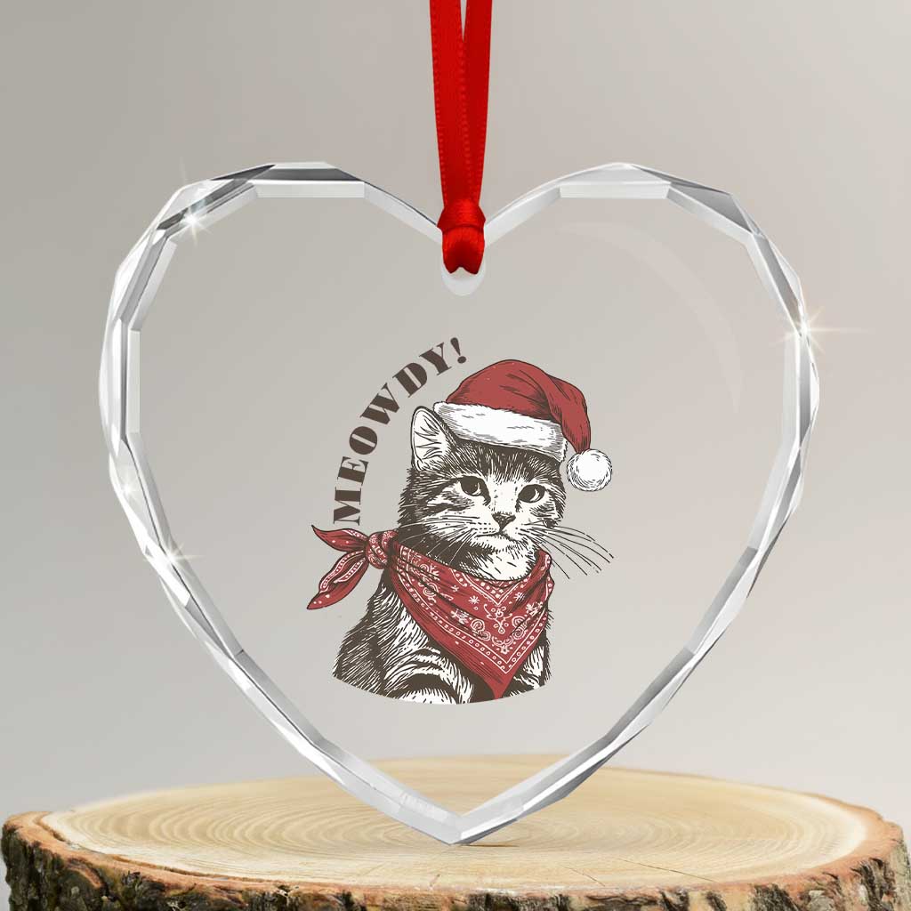 Cowboy Cat Christmas Heart Crystal Glass Ornament Meowdy Western Rodeo TS14 Transparent Glass 3'' Heart Print Your Wear