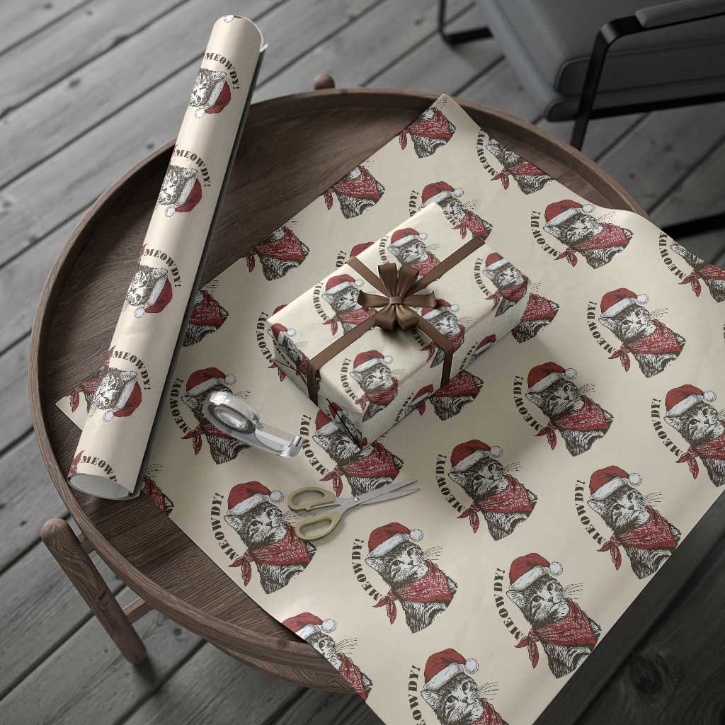 Cowboy Cat Christmas Wrapping Paper Roll Meowdy Western Rodeo TS14 Beige Print Your Wear