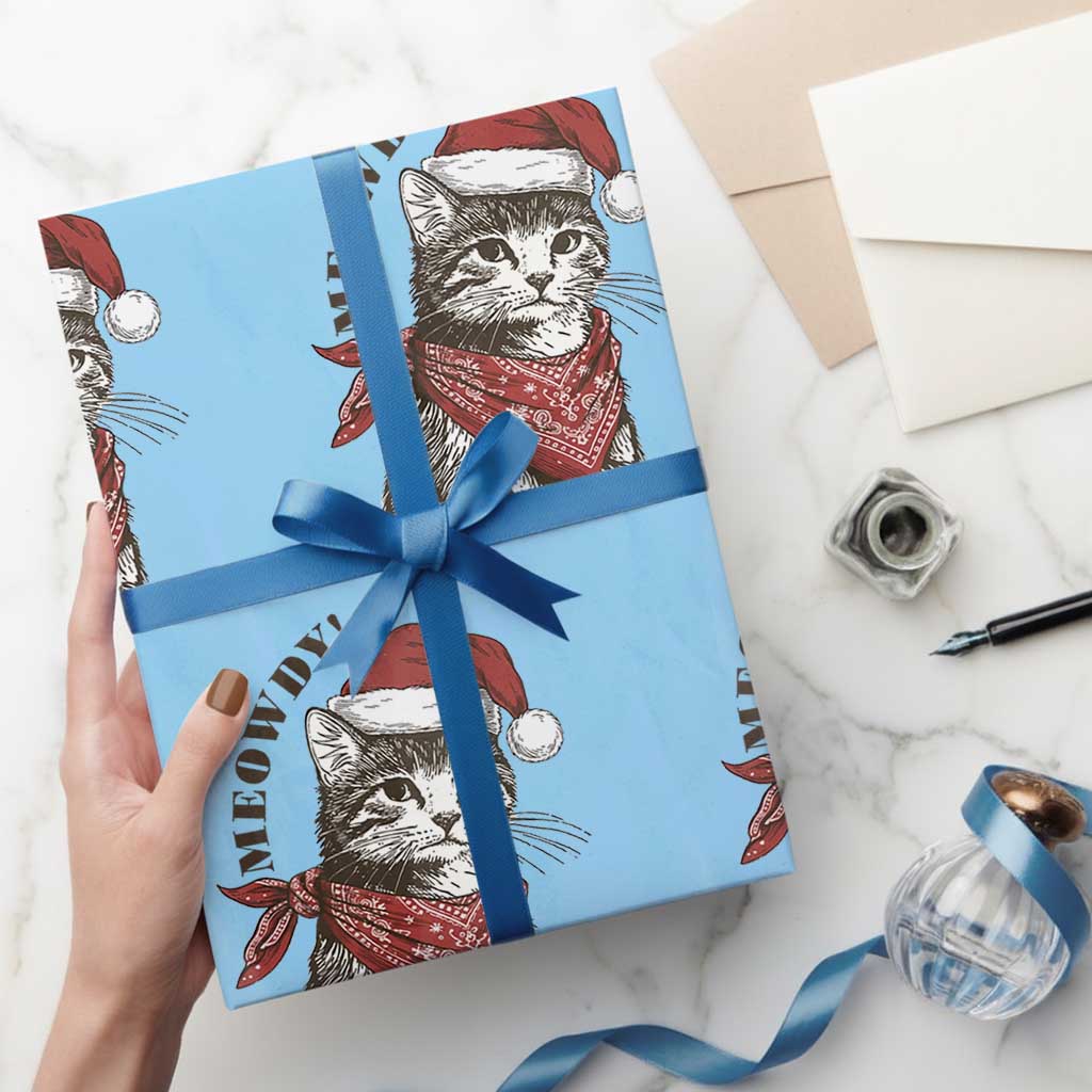 Cowboy Cat Christmas Wrapping Paper Roll Meowdy Western Rodeo TS14 Light Blue Print Your Wear