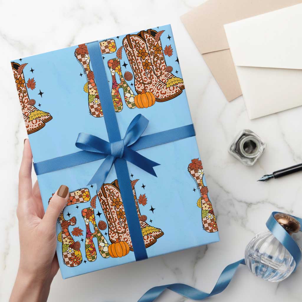 Cowboy Fall Season Thanksgiving Western Boots Pumpkin Wrapping Paper Roll TS11 Light Blue Print Your Wear