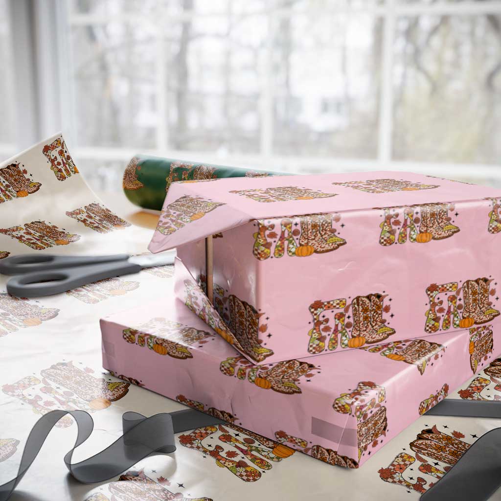 Cowboy Fall Season Thanksgiving Western Boots Pumpkin Wrapping Paper Roll TS11 Light Pink Print Your Wear