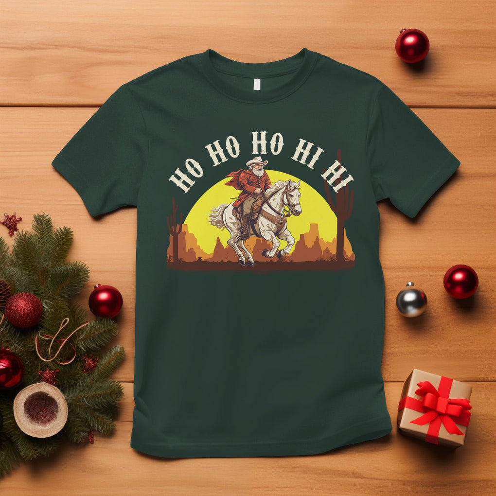 Cowboy Santa Claus Riding A Horse Ho Ho Hi Hi T Shirt TS09 Dark Forest Green Printyourwear