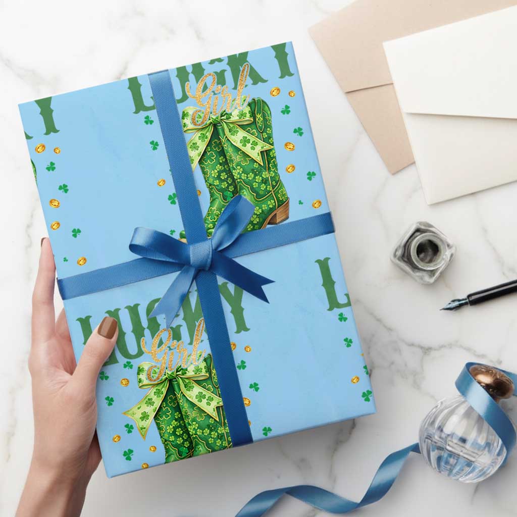 Cowboy St Patrick's Day Wrapping Paper Roll Lucky Girl Boots TS14 Light Blue Print Your Wear