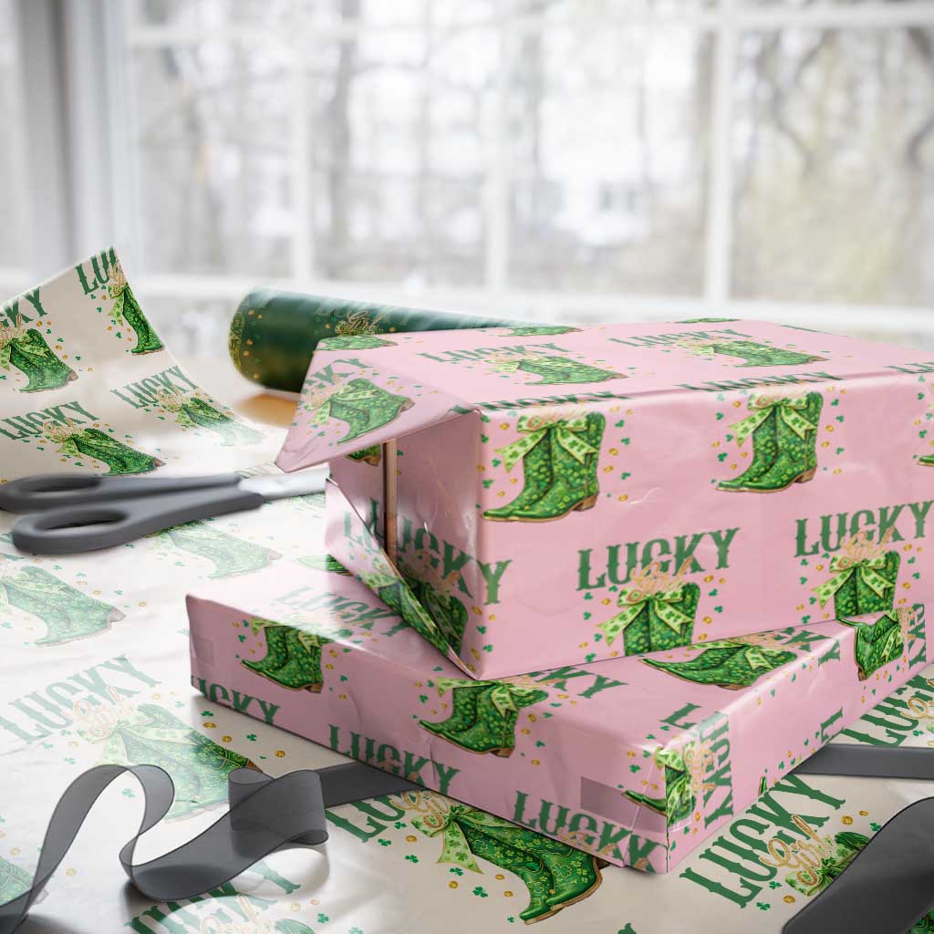 Cowboy St Patrick's Day Wrapping Paper Roll Lucky Girl Boots TS14 Light Pink Print Your Wear
