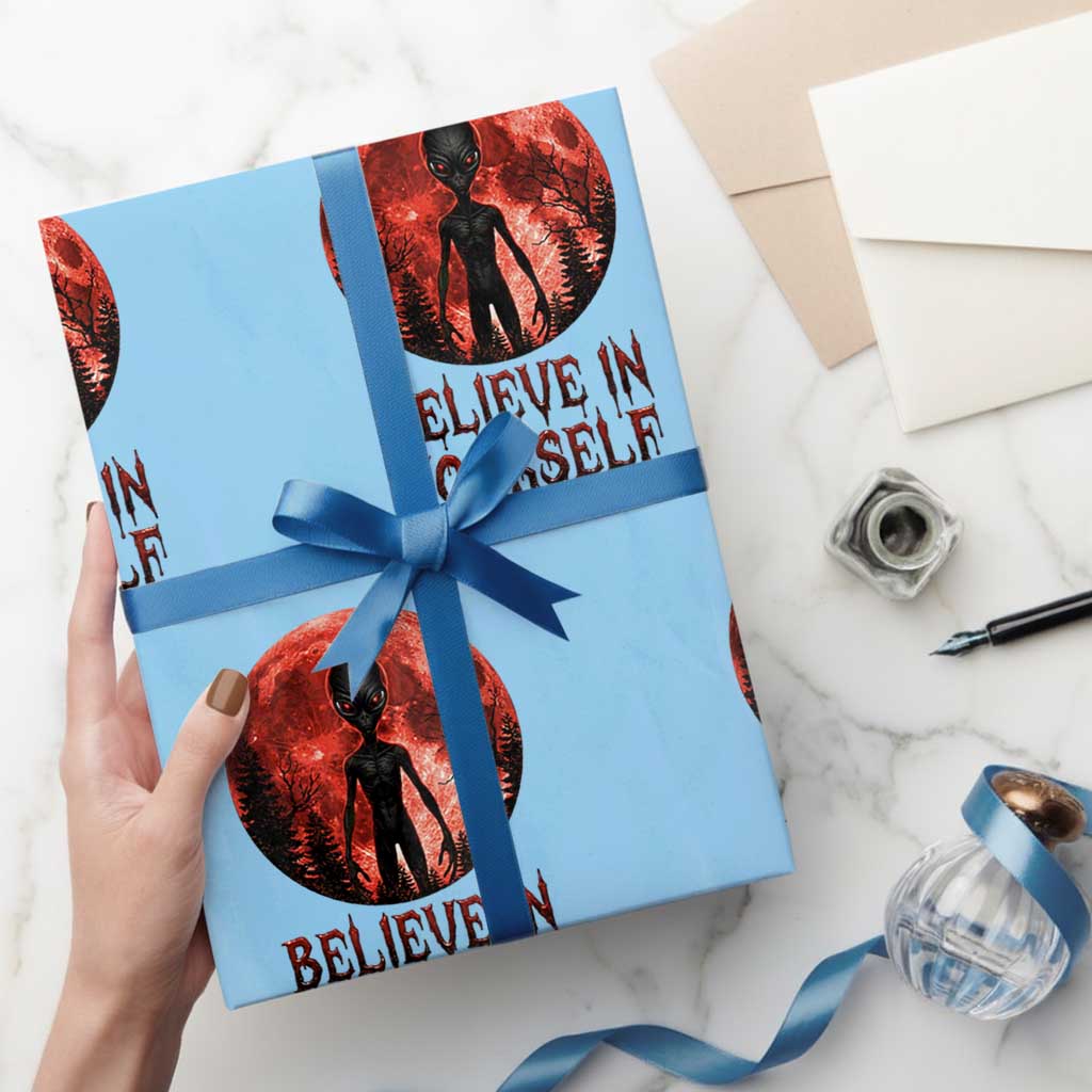 Creepy Alien Believe In Yourself Wrapping Paper Roll Funny Blood Moon Sci-Fi Horror Graphic TS02 Light Blue Print Your Wear
