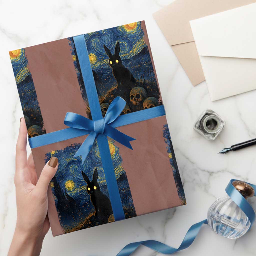 Creepy Cute Bunny Rabbits Wrapping Paper Roll Alt Goth Grunge Dark Horror Starry Night Van Gogh Aesthetic TS10 Mocha Print Your Wear