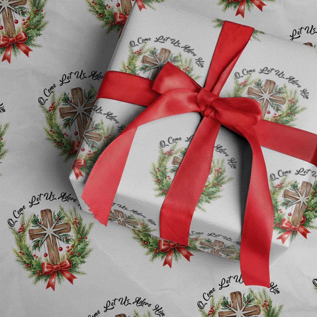 Cross Christmas Wrapping Paper Roll O Come Let Us Adove Him TS14 White Print Your Wear