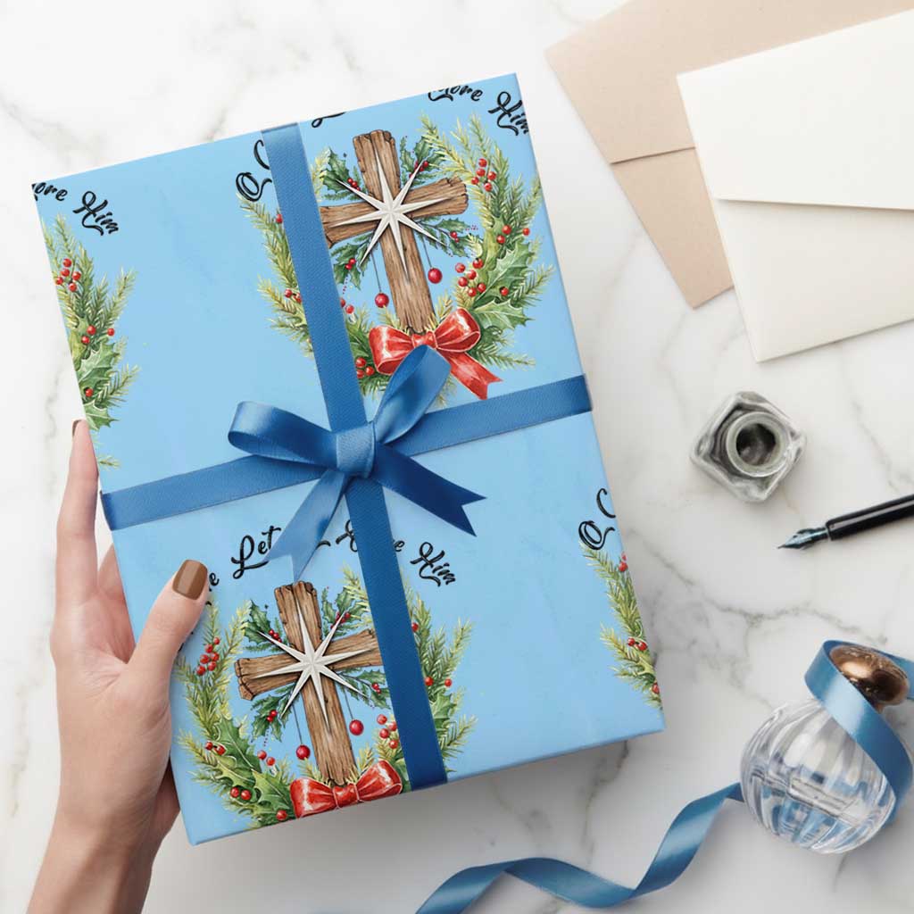 Cross Christmas Wrapping Paper Roll O Come Let Us Adove Him TS14 Light Blue Print Your Wear