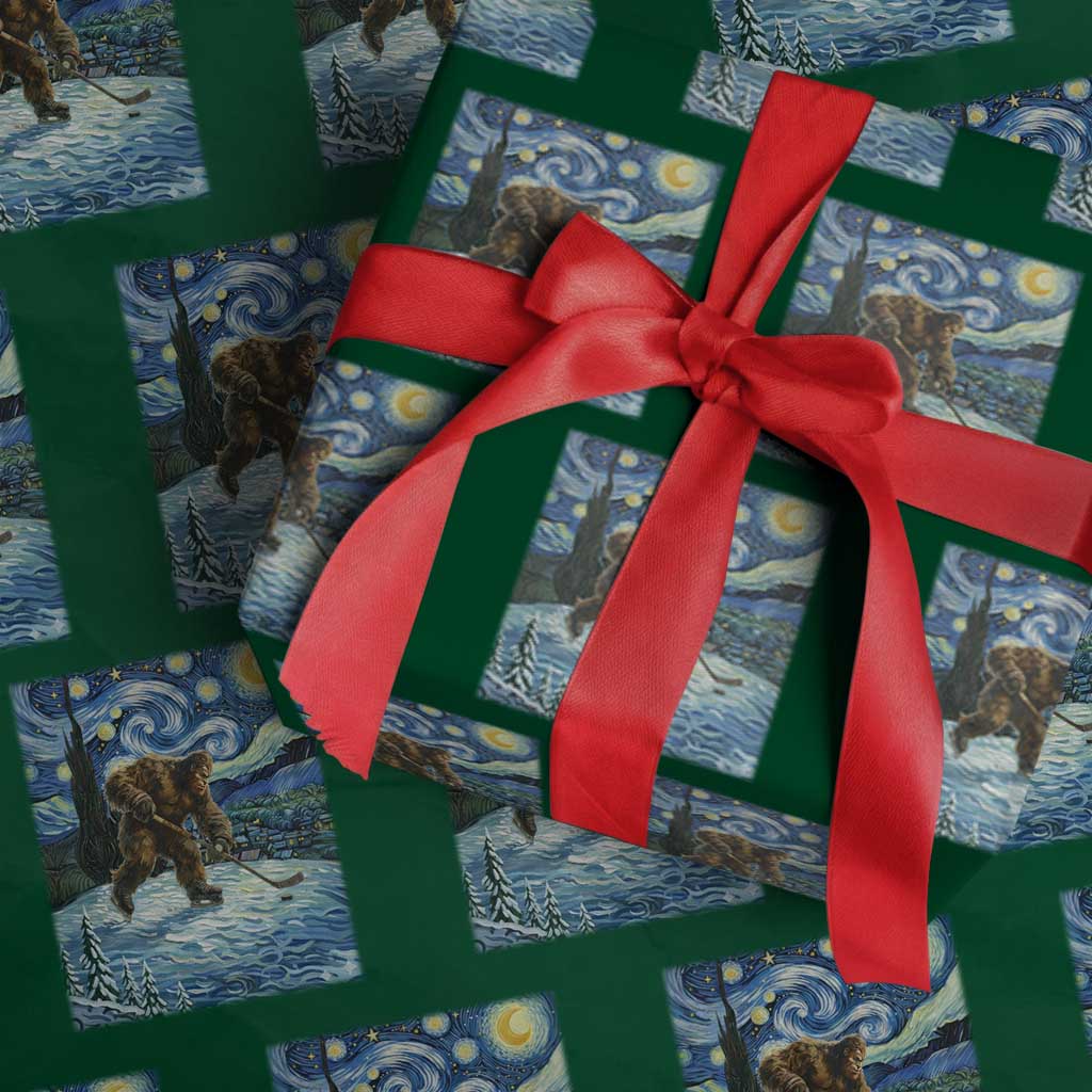 Cryptid Hockey Bigfoot Starry Night Inspired Funny Gift Wrapping Paper Roll TS12 Green Print Your Wear