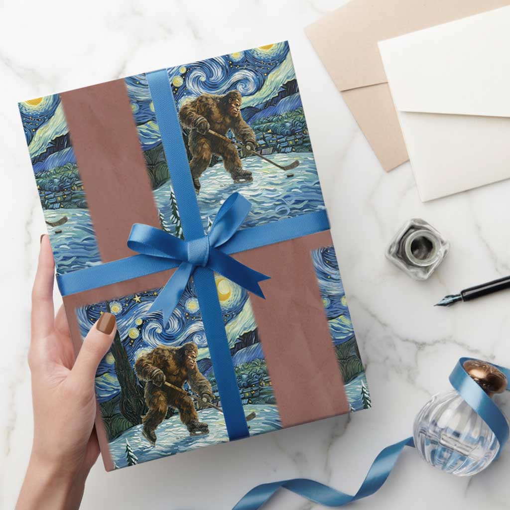 Cryptid Hockey Bigfoot Starry Night Inspired Funny Gift Wrapping Paper Roll TS12 Mocha Print Your Wear