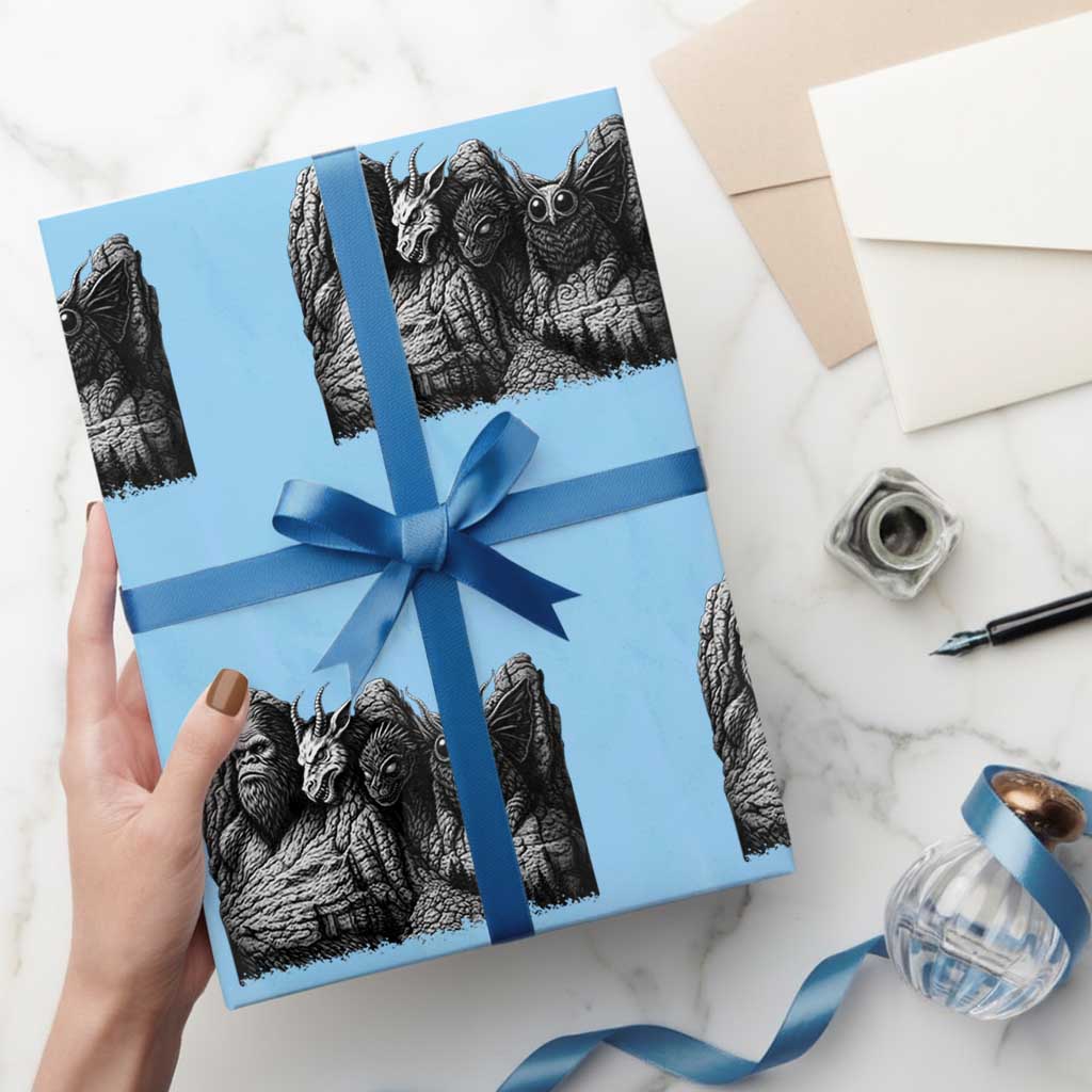 Cryptid Mount Rushmore Wrapping Paper Roll Bigfoot Mothman Jersey Devil Chupacabra TS12 Light Blue Print Your Wear
