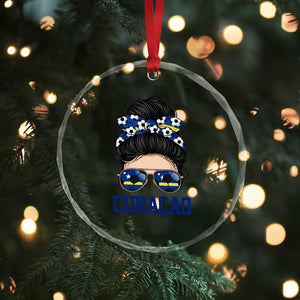 Curacao Soccer Messy Bun Girl Crystal Glass Ornament Proud Curacaoan Heritage Gift