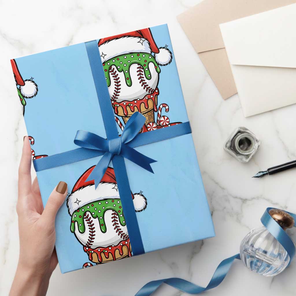 Cute Baseball Christmas Icecream Dripping Wrapping Paper Roll Holiday Ice Cream Cone with Santa Hat TS02 Light Blue Print Your Wear