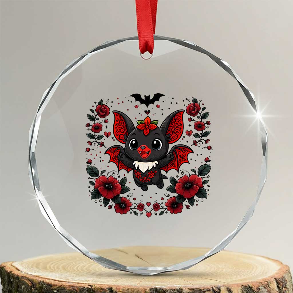 Cute Bat Floral Folk Art Crystal Glass Ornament Gothic Spooky Dia De Los Muertos Gift TS12 Transparent Glass 3'' Circle Print Your Wear