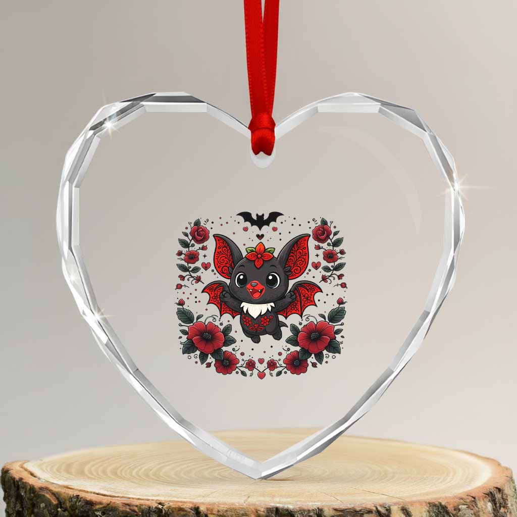 Cute Bat Floral Folk Art Heart Crystal Glass Ornament Gothic Spooky Dia De Los Muertos Gift TS12 Transparent Glass 3'' Heart Print Your Wear