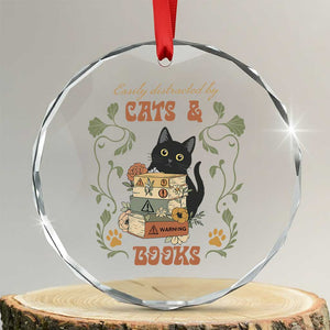 Cute Bookworm Gift Crystal Glass Ornament Easily Distracted By Cats And Books TS12 Transparent Glass 3'' Circle Print Your Wear