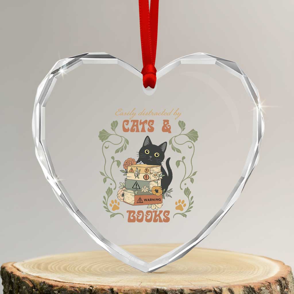 Cute Bookworm Gift Heart Crystal Glass Ornament Easily Distracted By Cats And Books TS12 Transparent Glass 3'' Heart Print Your Wear
