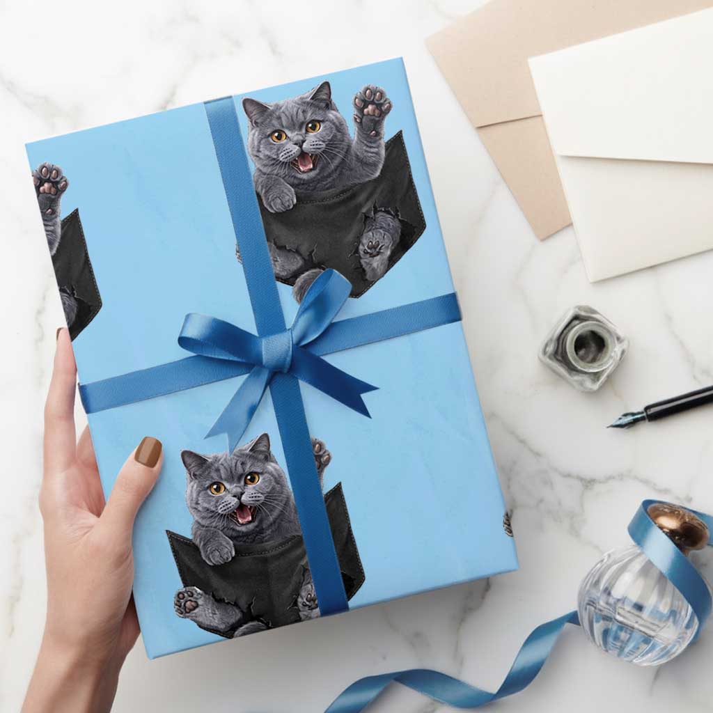 Cute British Shorthair Cat In Pocket Wrapping Paper Roll Cat Lover TS12 Light Blue Print Your Wear