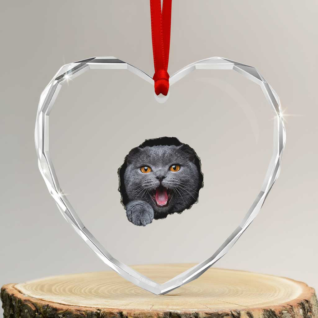 Cute British Shorthair Cat Peeking Through Cracked Wall Heart Crystal Glass Ornament TS12 Transparent Glass 3'' Heart Print Your Wear