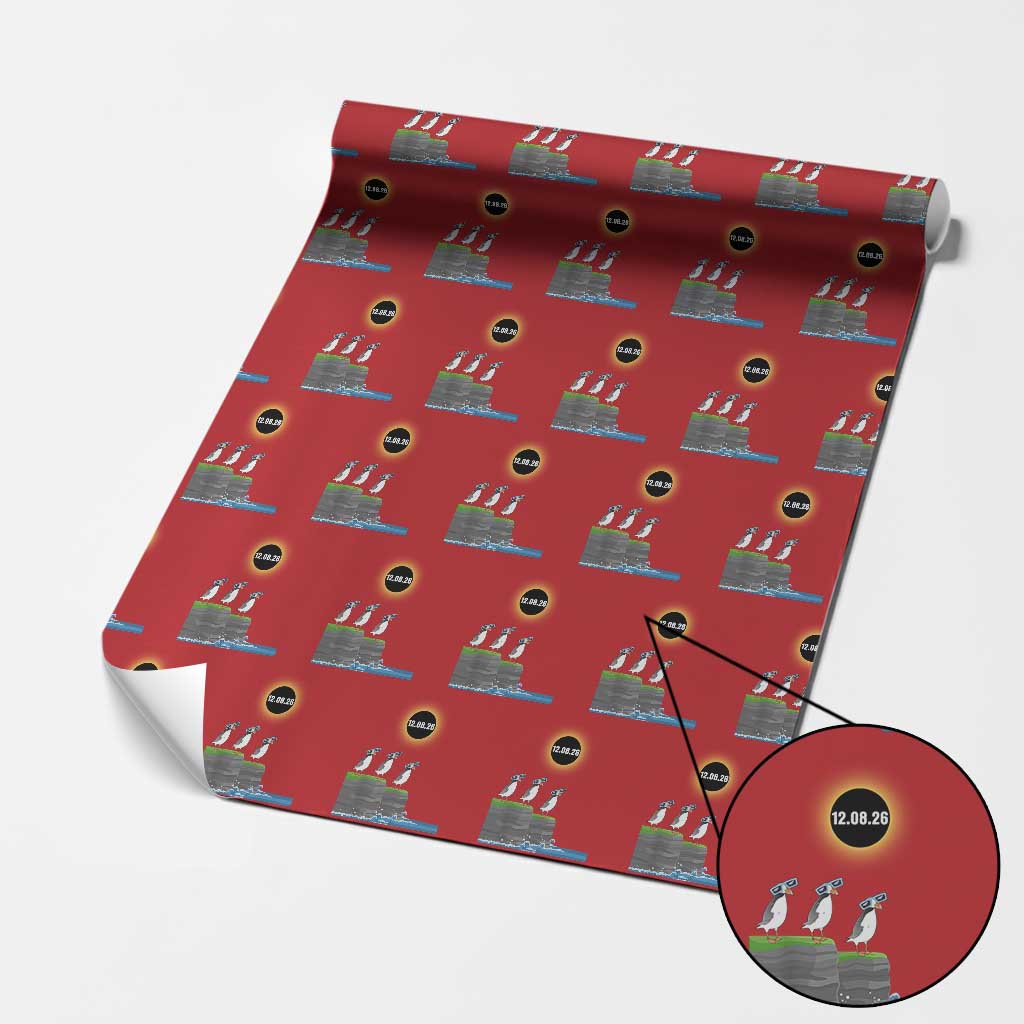Cute Cartoon Puffins 2026 Total Solar Eclipse Wrapping Paper Roll August 12 Totality Funny Astronomy Gift TS02 Red Print Your Wear