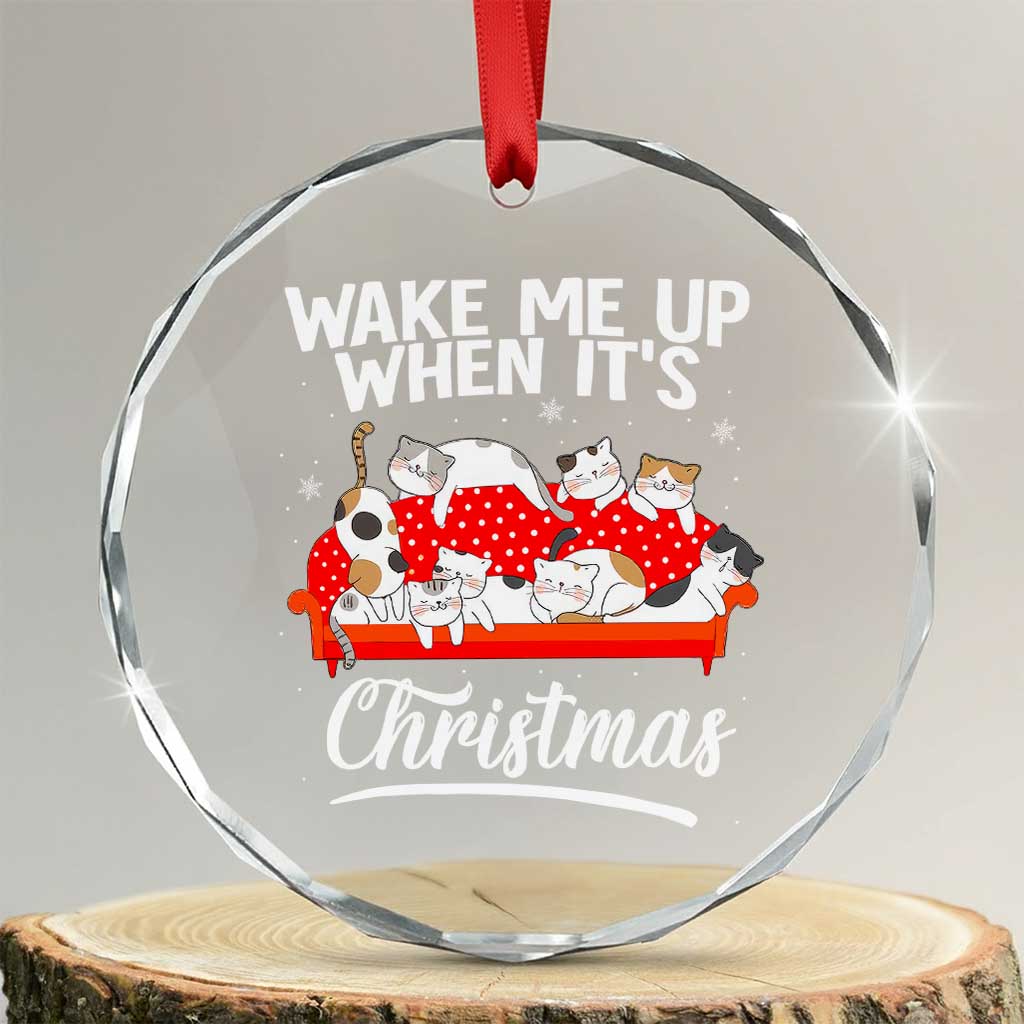 Cute Cat Wake Me Up When It's Xmas Chillin' Crystal Glass Ornament TS09 Transparent Glass 3'' Circle Print Your Wear