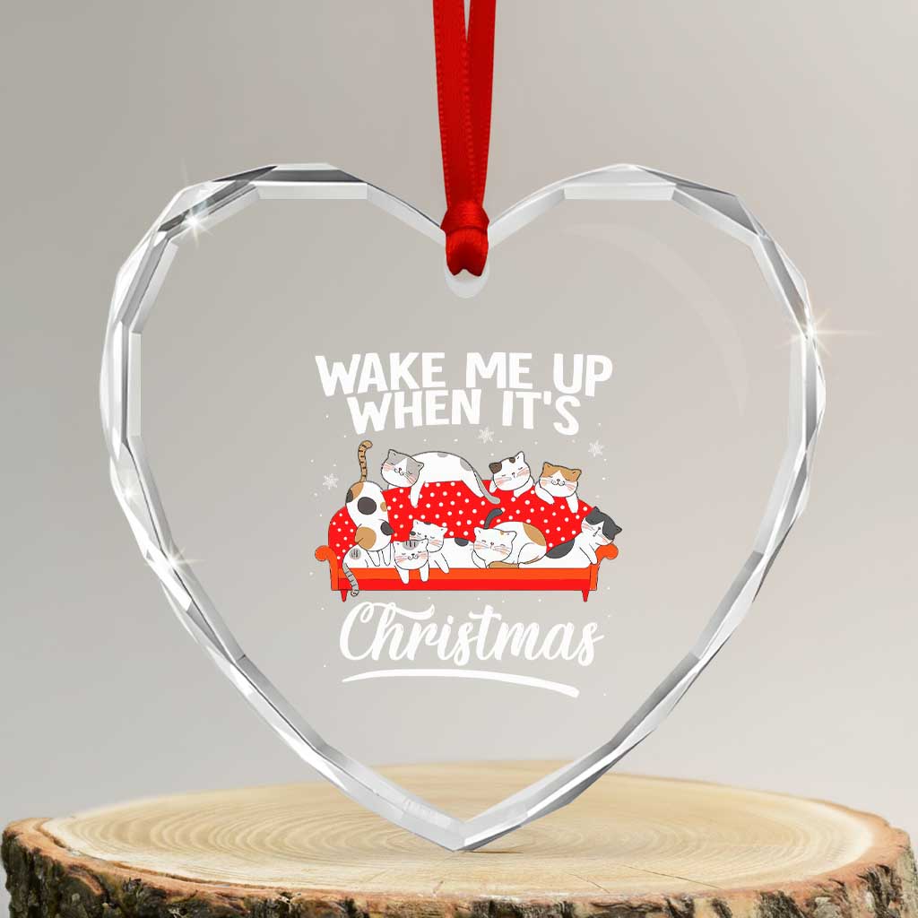 Cute Cat Wake Me Up When It's Xmas Chillin' Heart Crystal Glass Ornament TS09 Transparent Glass 3'' Heart Print Your Wear