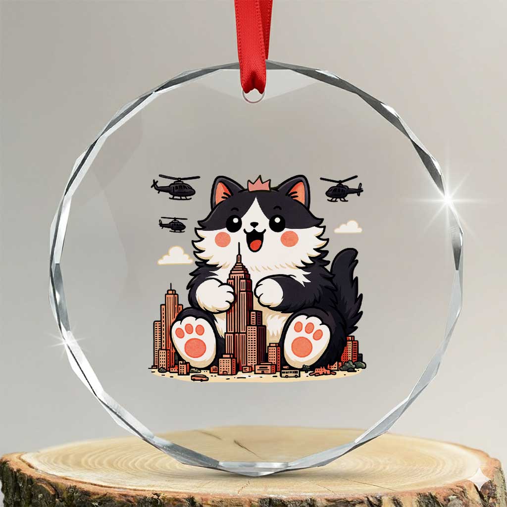 Funny Giant Cat Monster Invades City Crystal Glass Ornament Cat Lover Gift TS12 Transparent Glass 3'' Circle Print Your Wear