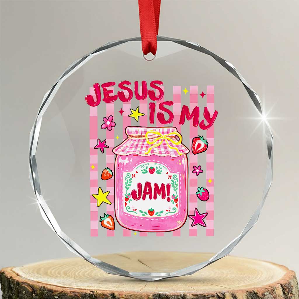 Cute Christian Faith Preppy Graphic Crystal Glass Ornament Jesus Is My Jam Strawberry Fruit Jar TS02 Transparent Glass 3'' Circle Print Your Wear