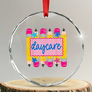 Cute Daycare Teacher Yellow Pencils Graphic Crystal Glass Ornament Retro Back to School Childcare Gift