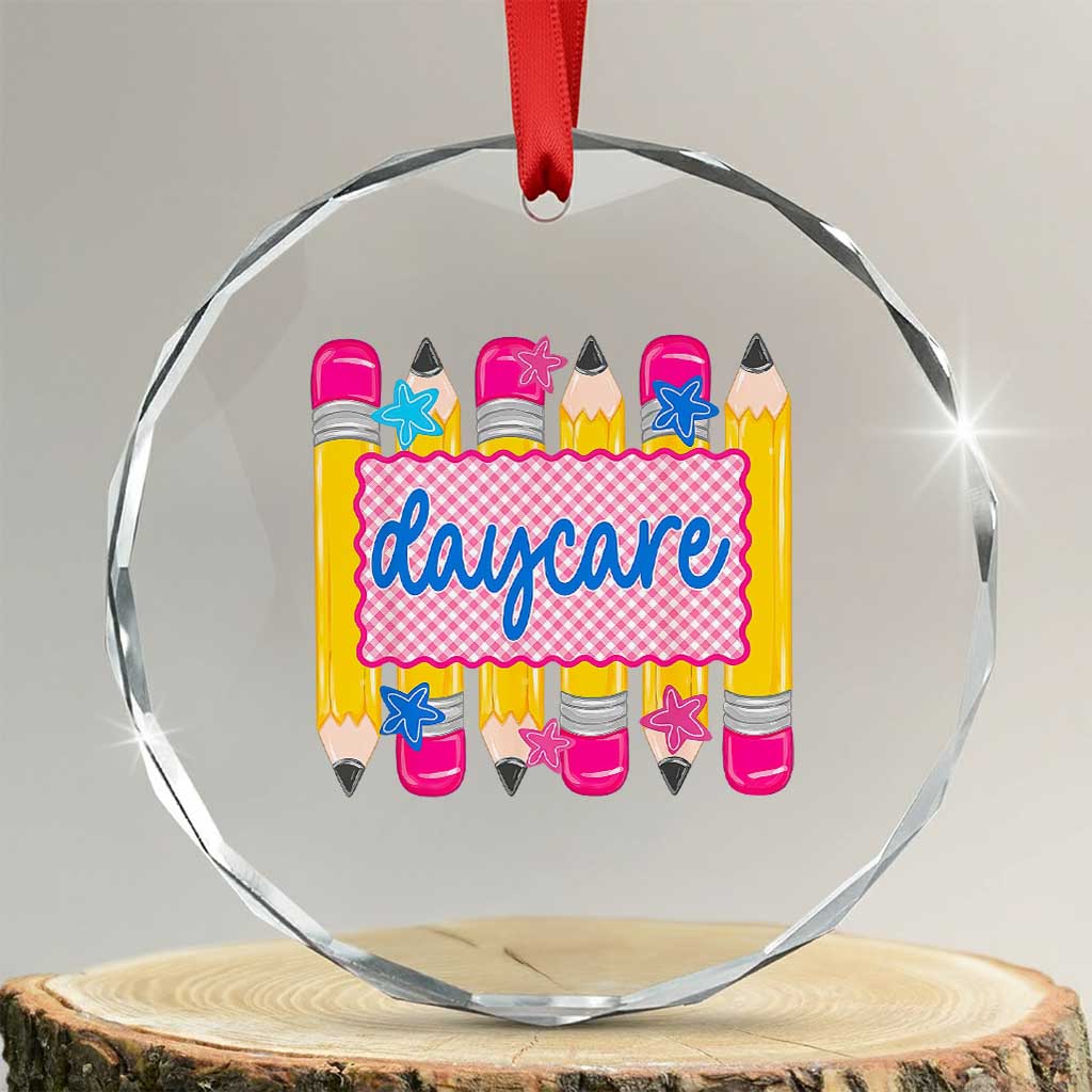 Cute Daycare Teacher Yellow Pencils Graphic Crystal Glass Ornament Retro Back to School Childcare Gift TS02 Transparent Glass 3'' Circle Print Your Wear