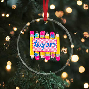 Cute Daycare Teacher Yellow Pencils Graphic Crystal Glass Ornament Retro Back to School Childcare Gift