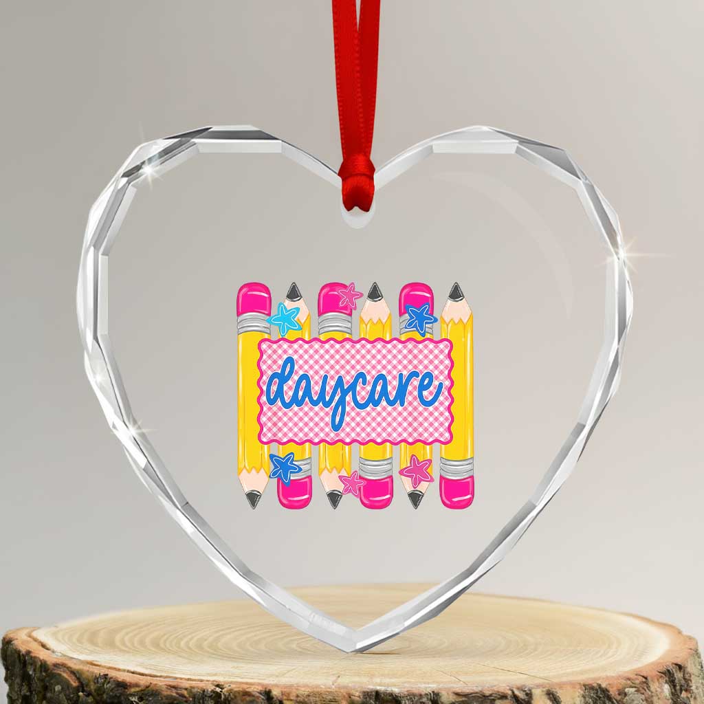 Cute Daycare Teacher Yellow Pencils Graphic Heart Crystal Glass Ornament Retro Back to School Childcare Gift TS02 Transparent Glass 3'' Heart Print Your Wear