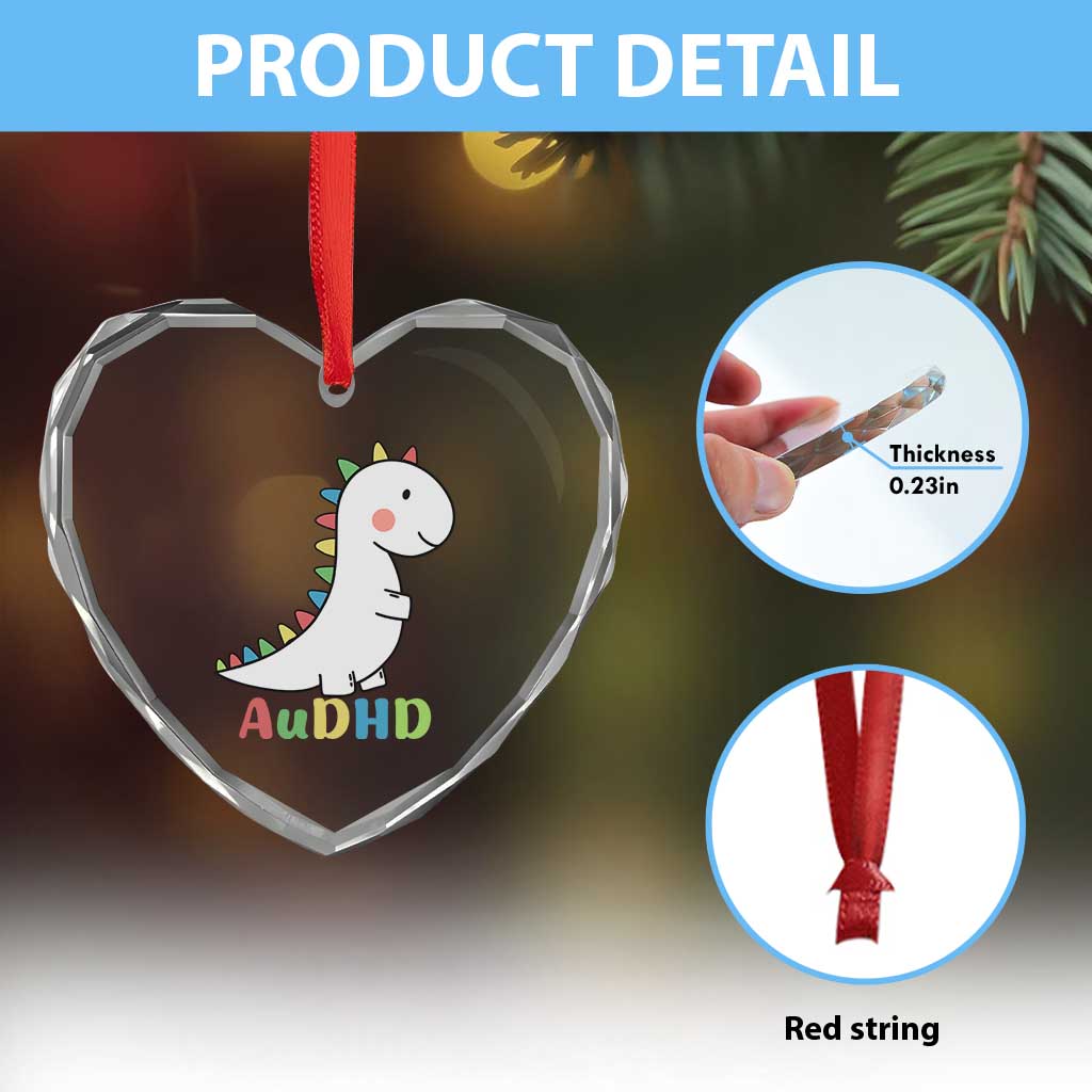 Cute Dinosaur AuDHD Heart Crystal Glass Ornament ADHD Awareness TS02 Print Your Wear