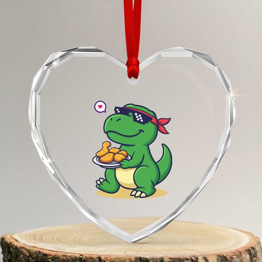 Cute Dinosaur Eating Chicken Nuggets Heart Crystal Glass Ornament Food Humor Gift TS12 Transparent Glass 3'' Heart Print Your Wear