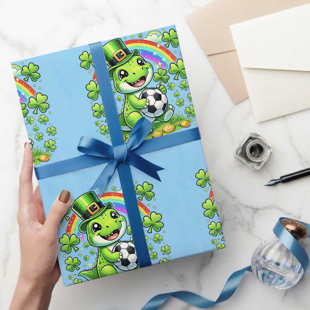 Cute Dinosaur Soccer Player Wrapping Paper Roll St Patricks Day Dino Lover TS12 Light Blue Print Your Wear