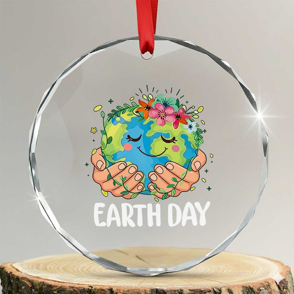 Cute Earth with Floral Earth Day Crystal Glass Ornament TS14 Transparent Glass 3'' Circle Print Your Wear