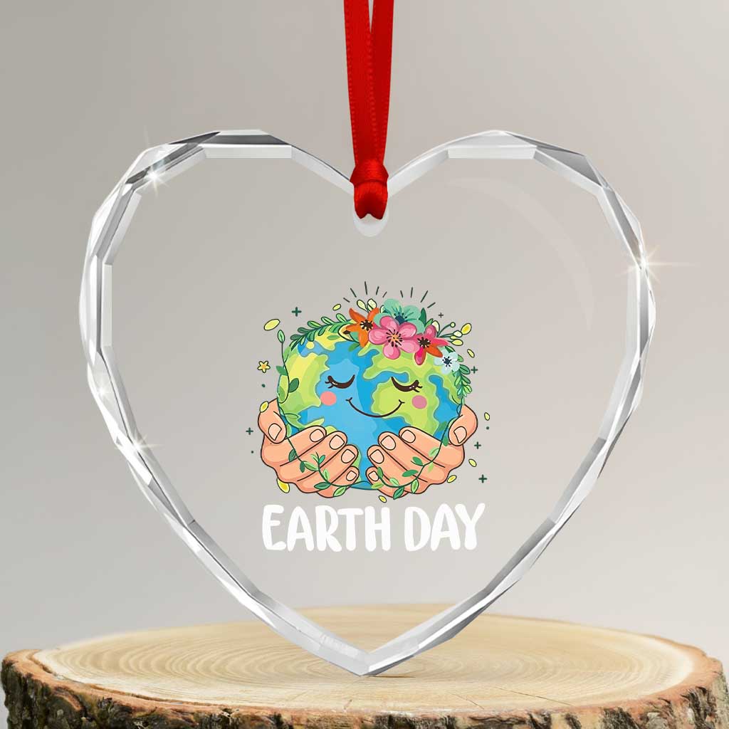 Cute Earth with Floral Earth Day Heart Crystal Glass Ornament TS14 Transparent Glass 3'' Heart Print Your Wear