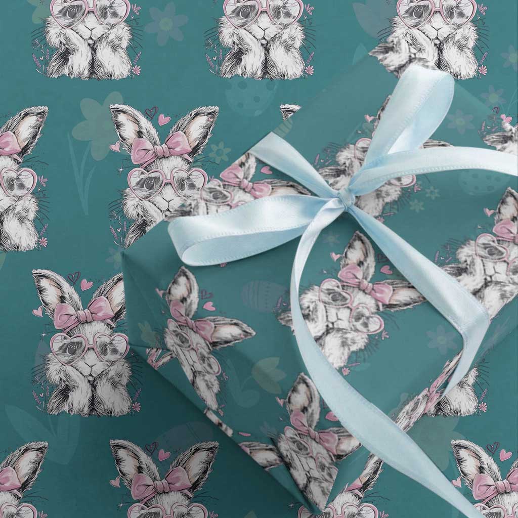 Cute Easter Bunny with Heart Glasses Pink Bow Wrapping Paper Roll Adorable Rabbit Love Aesthetic Gift TS02 Teal Print Your Wear