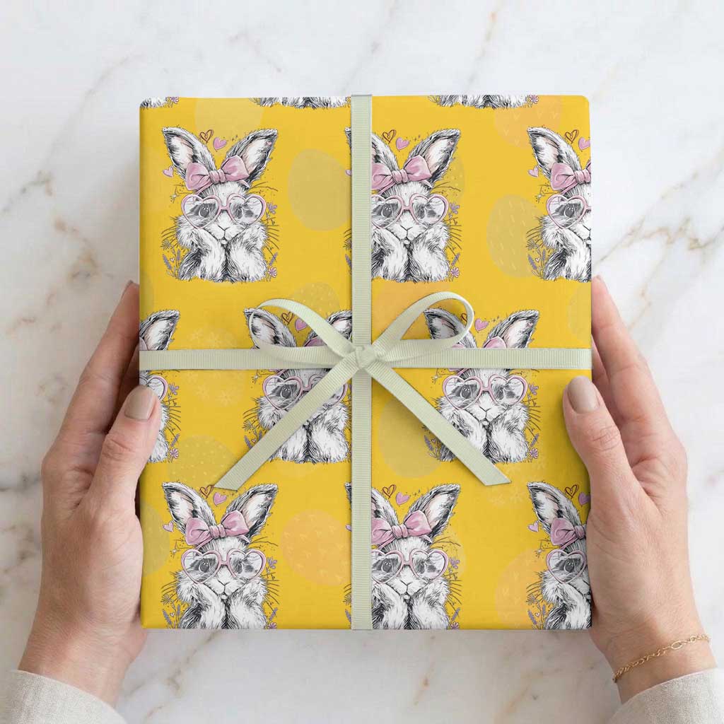 Cute Easter Bunny with Heart Glasses Pink Bow Wrapping Paper Roll Adorable Rabbit Love Aesthetic Gift TS02 Yellow Print Your Wear