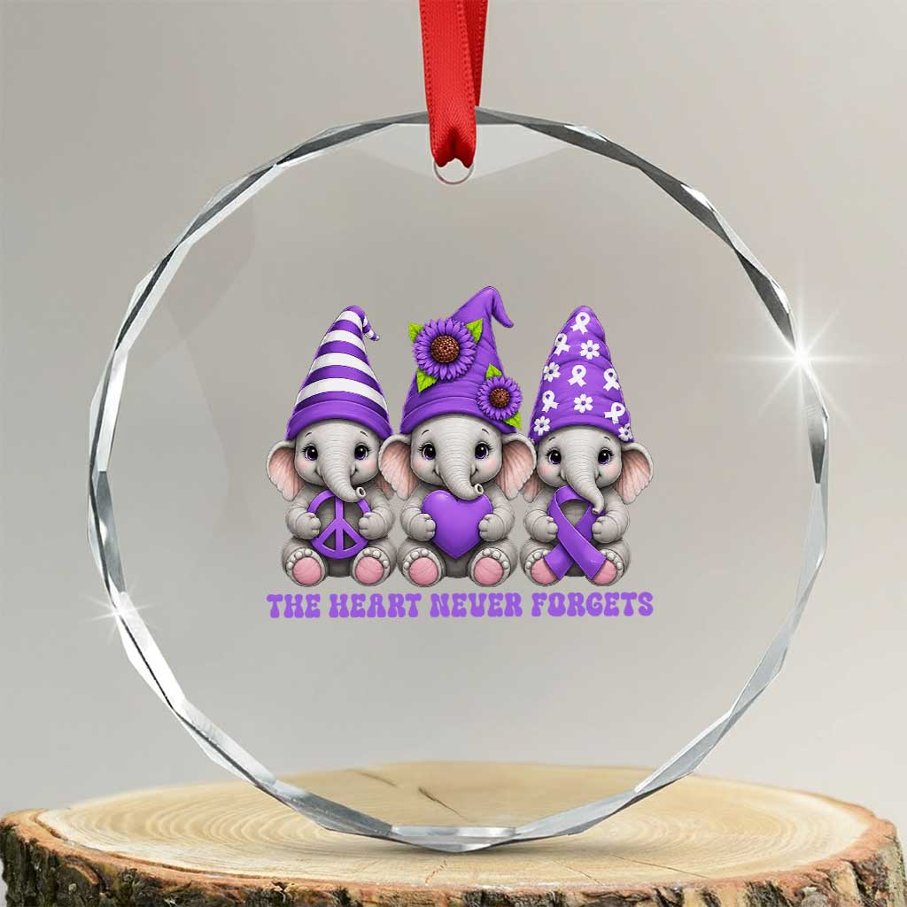 Cute Elephant Gnome Purple Ribbon Alzheimer's Support Crystal Glass Ornament The Heart Never Forgets TS12 Transparent Glass 3'' Circle Print Your Wear