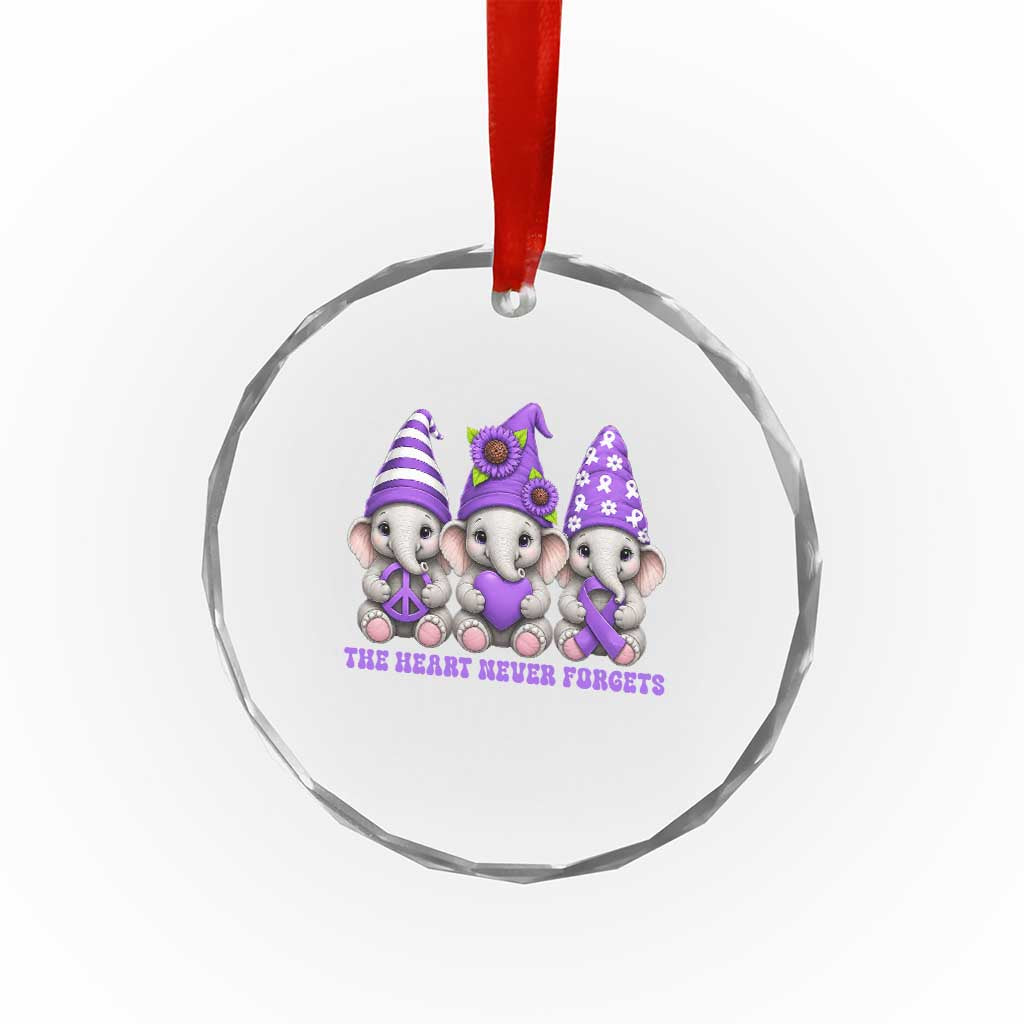 Cute Elephant Gnome Purple Ribbon Alzheimer's Support Crystal Glass Ornament The Heart Never Forgets